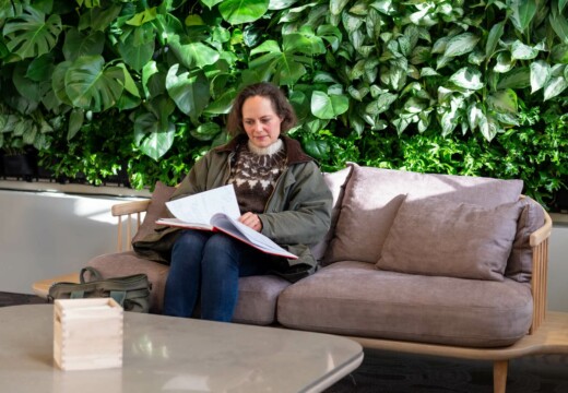 Person med notesbog sidder i en stilhed sofa foran en væg grøn af planter.