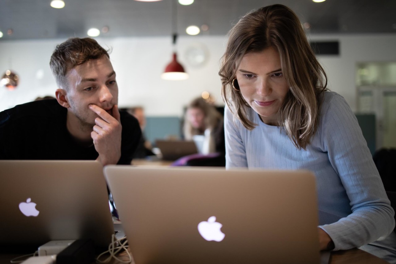To lærerstuderende arbejder ved deres computere sammen