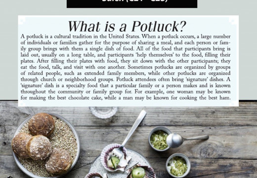 Opslag om potluck med information og grøn mad